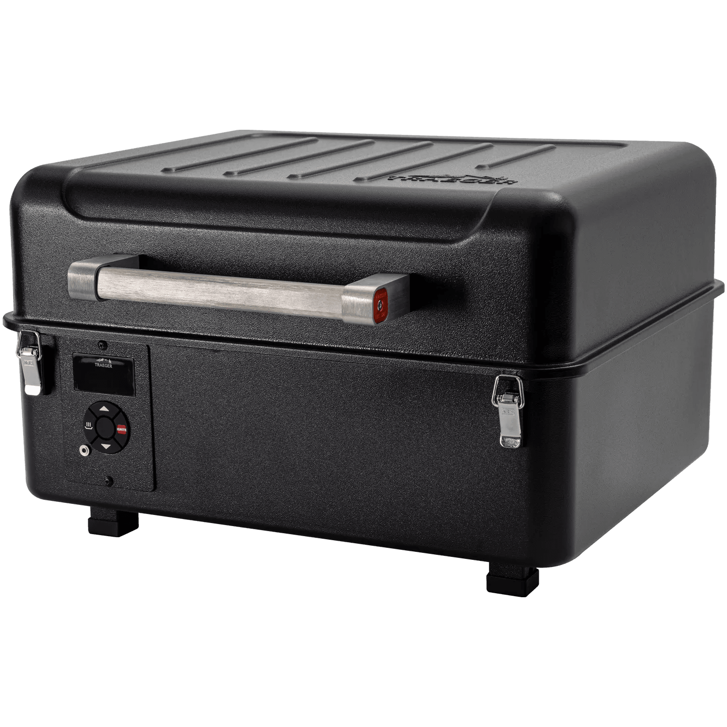 Black portable grill on a white background