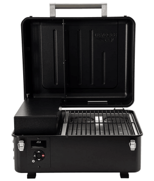 Black portable grill with open lid on a white background