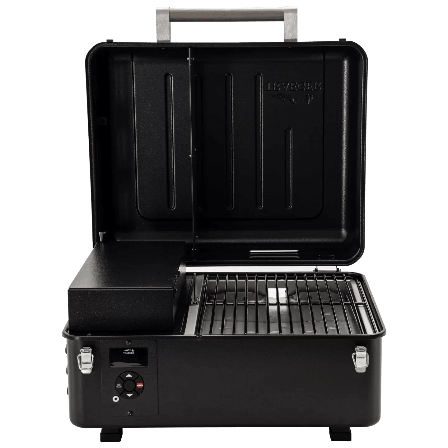 Black portable grill with open lid on a white background
