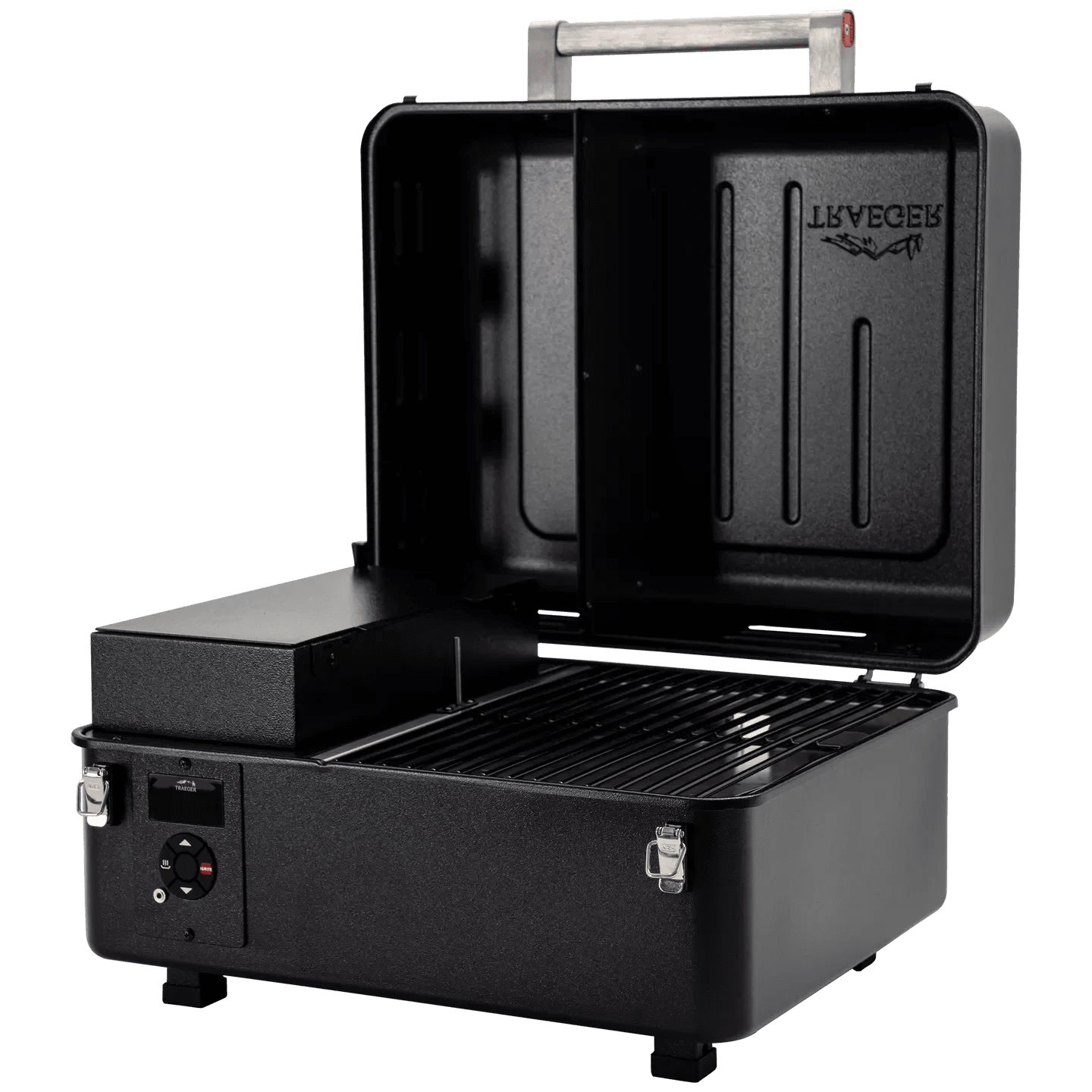 Black portable grill with open lid on a white background