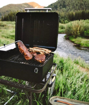 Person grilling outdoors by a river with mountains in the background
