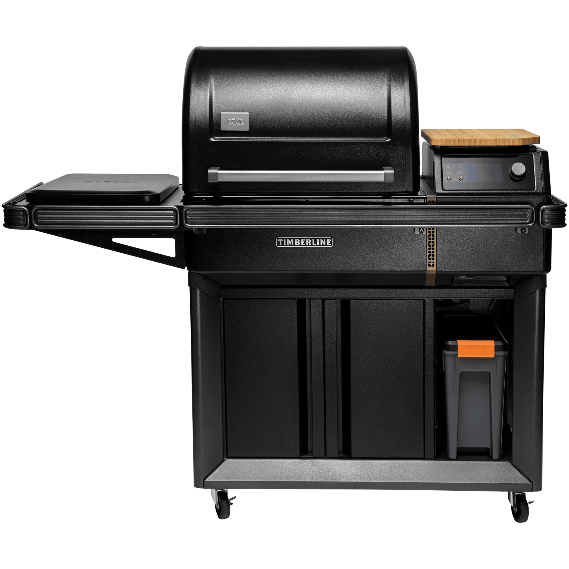 Black outdoor grill with wooden cutting board on a white background