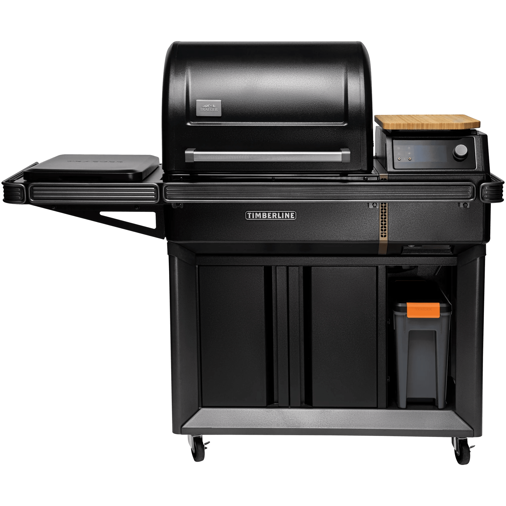 Black outdoor grill with wooden cutting board on a white background