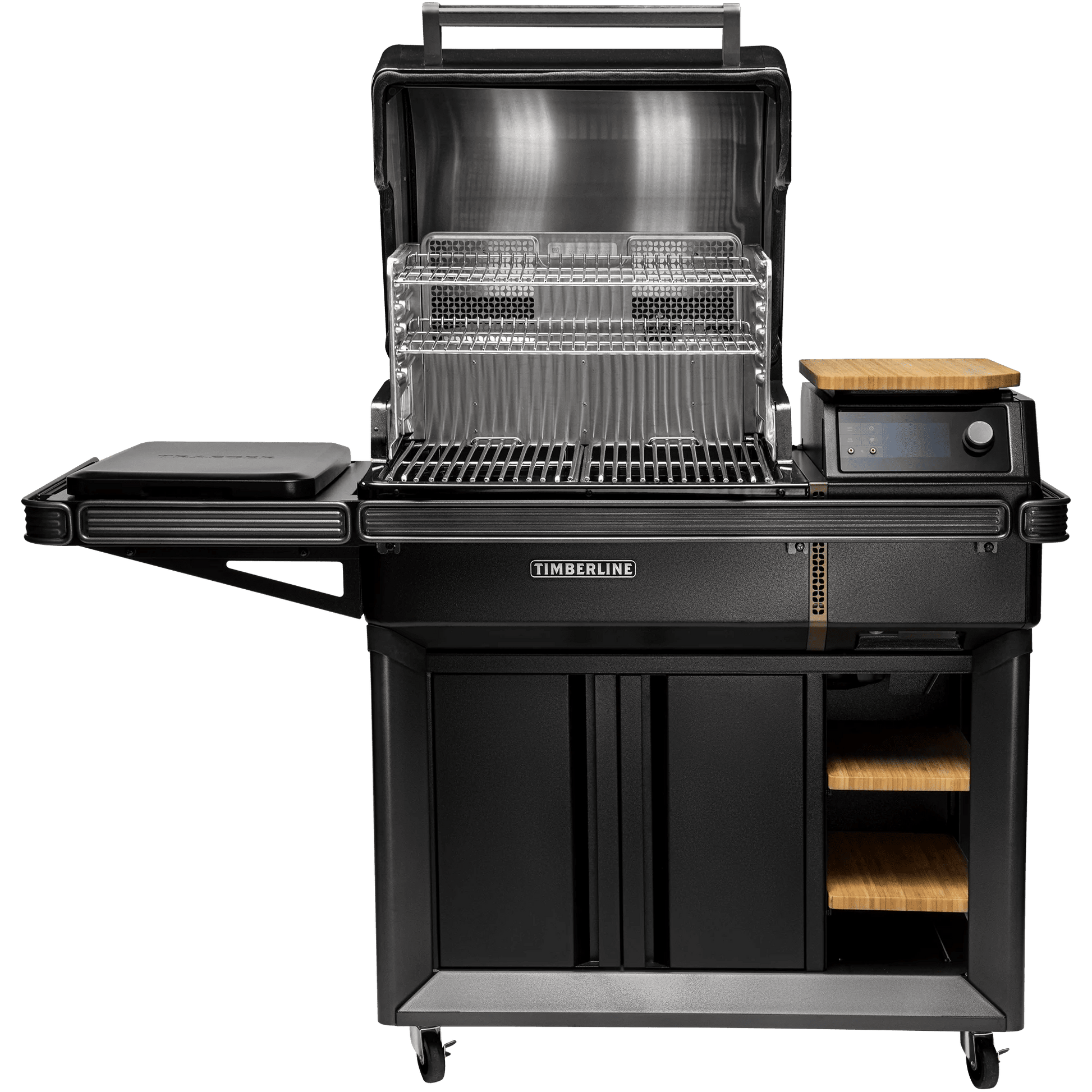 Black outdoor grill with additional shelves and a cutting board on a white background