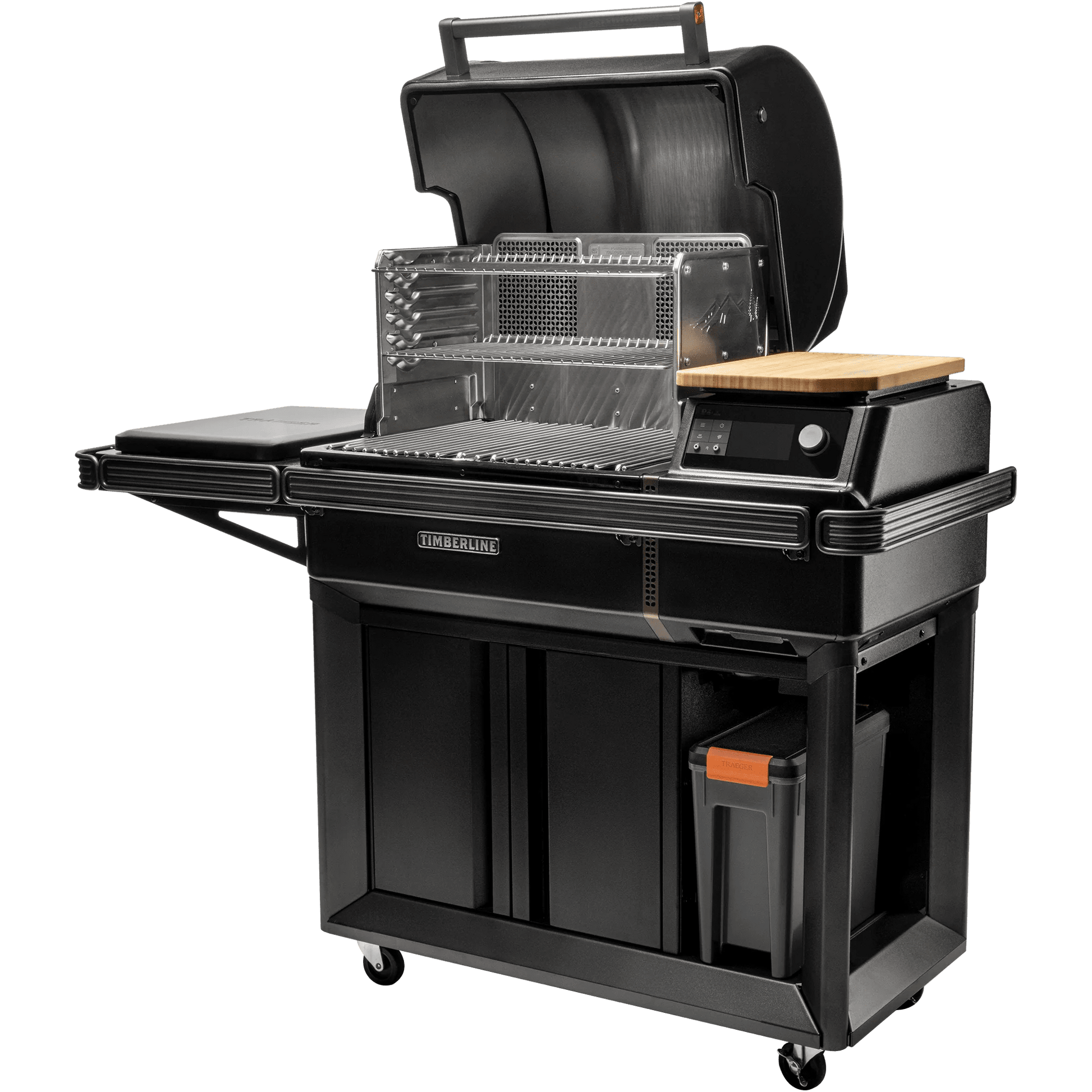 Black outdoor grill with various accessories on a white background