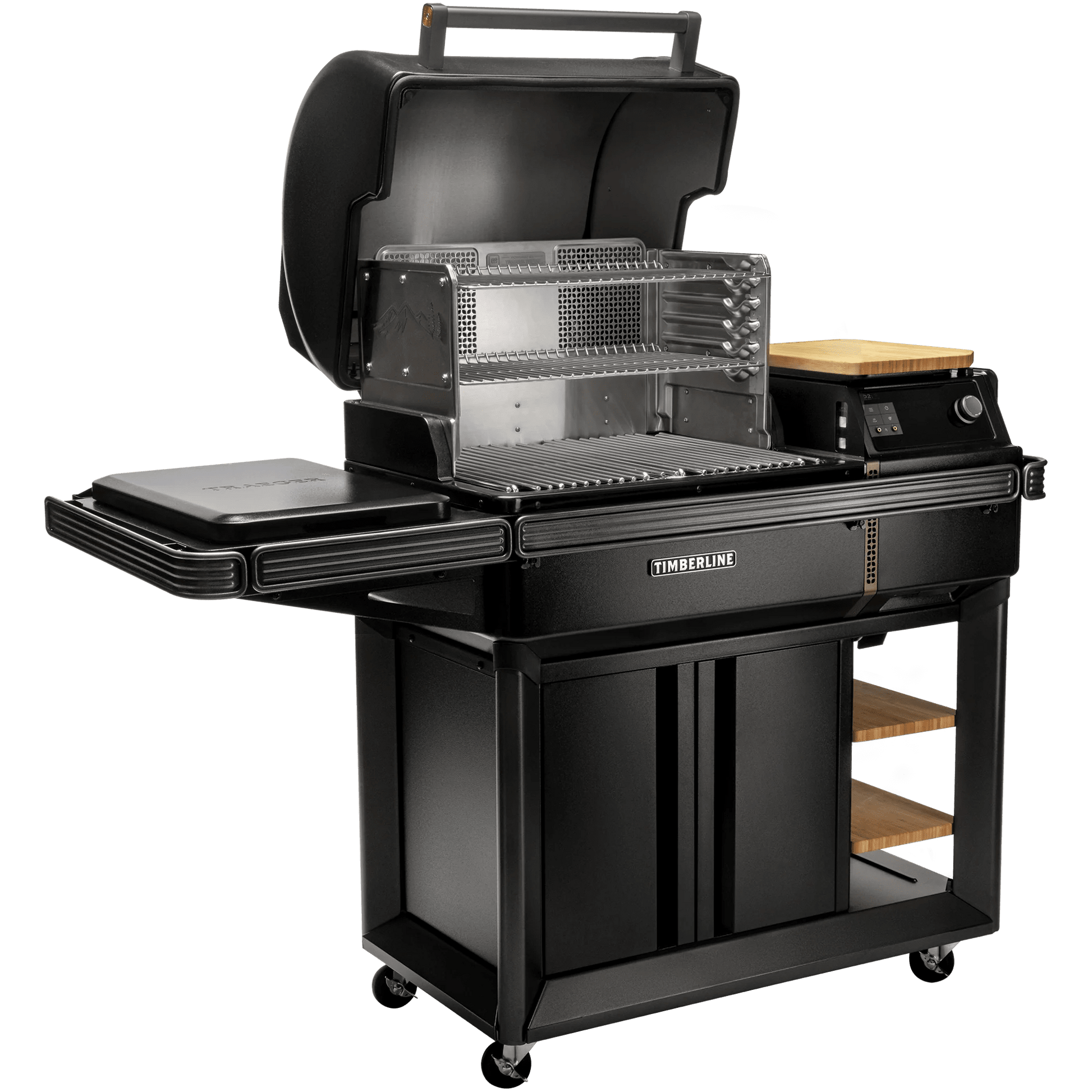 Black barbecue grill with multiple cooking surfaces on a white background