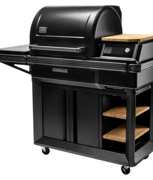 Black barbecue grill with wooden shelves on a white background