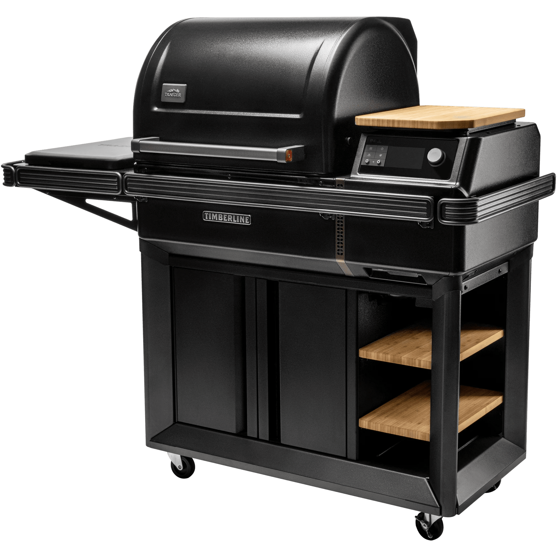 Black barbecue grill with wooden shelves on a white background