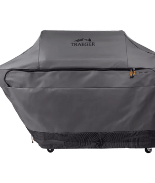 Gray grill cover with Traeger logo on a white background