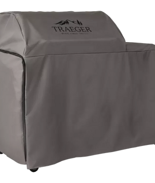 Gray grill cover with Traeger logo on a white background