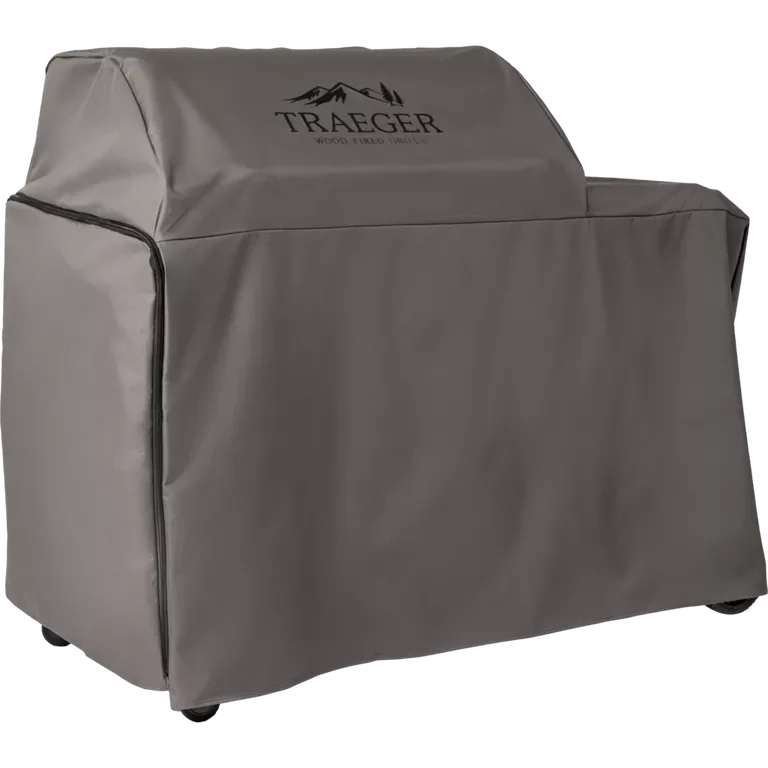 Gray grill cover with Traeger logo on a white background