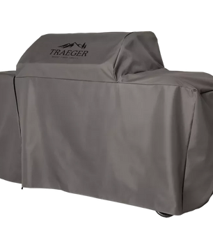 Gray grill cover with Traeger logo on a white background