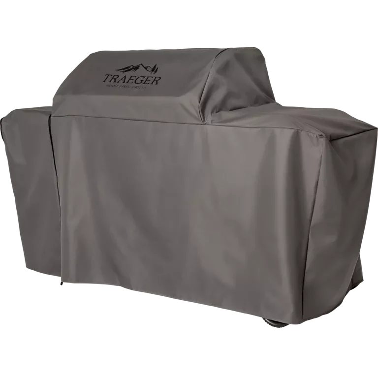 Gray grill cover with Traeger logo on a white background