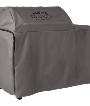 Gray grill cover with Traeger logo on a white background