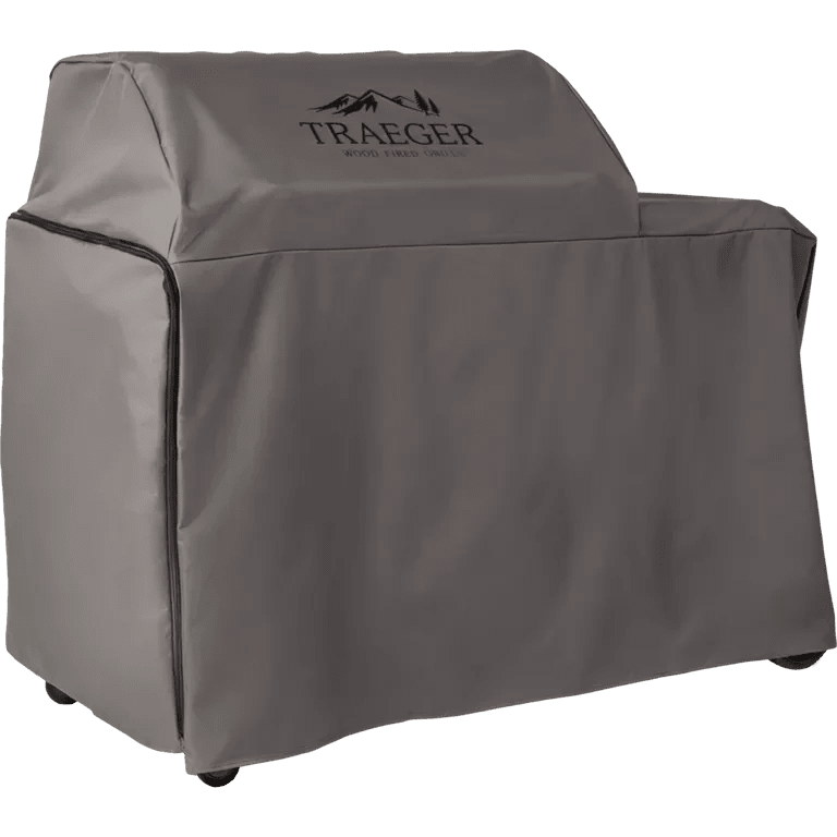 Gray grill cover with Traeger logo on a white background