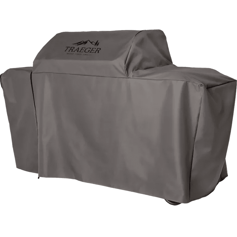 Gray grill cover with Traeger logo on a white background