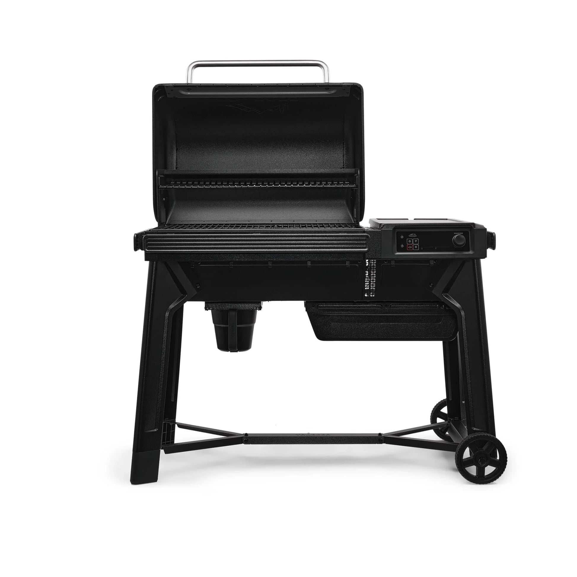 Black portable grill on a white background
