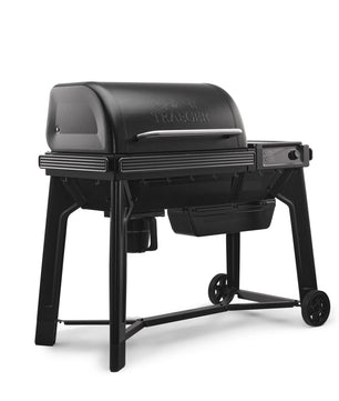 Black Traeger grill on a white background