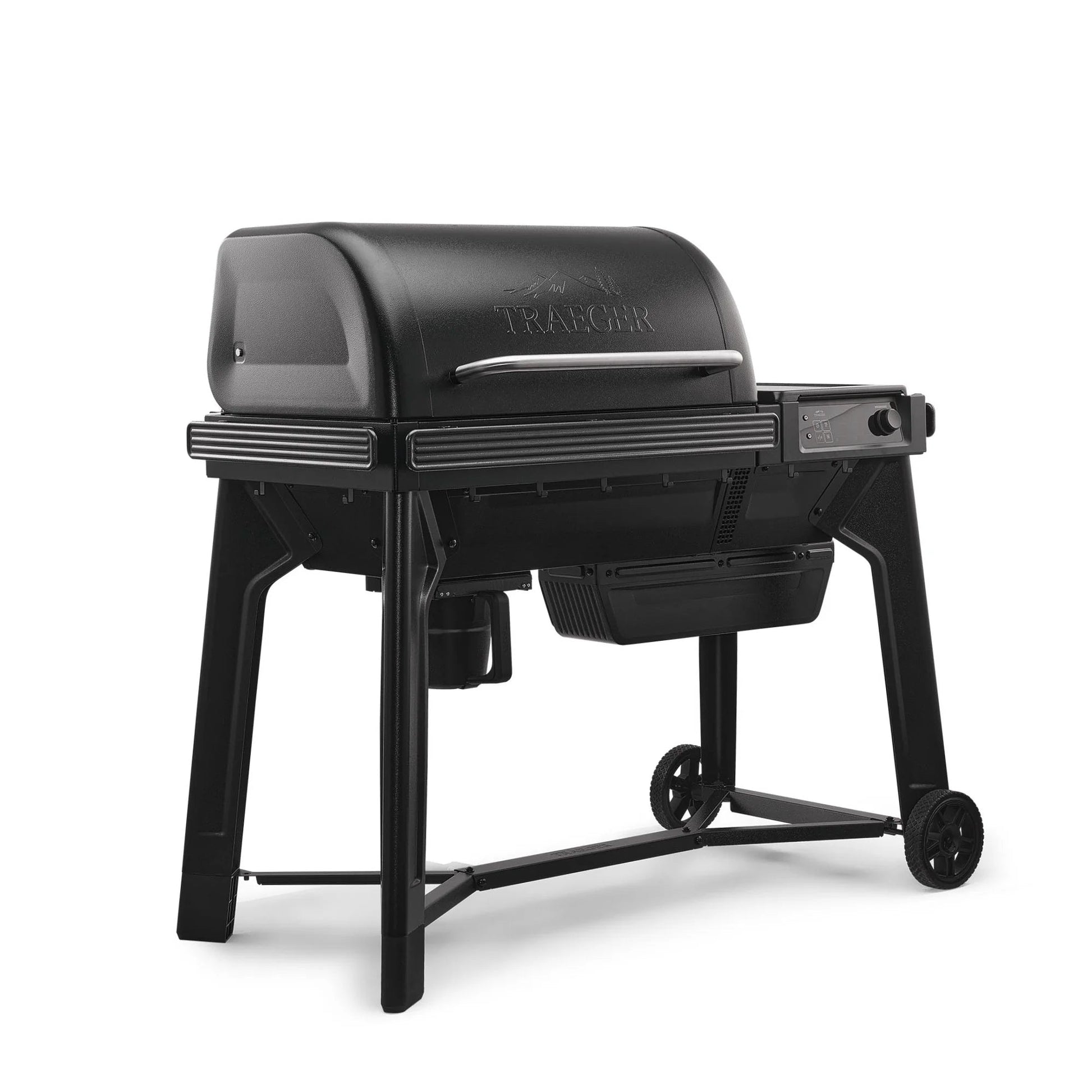 Black Traeger grill on a white background