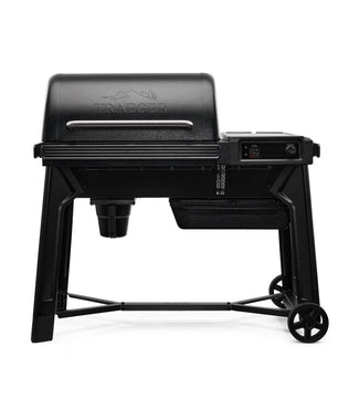 Black Traeger grill on a white background