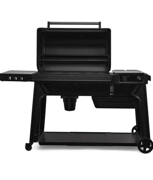 Black portable grill on a white background